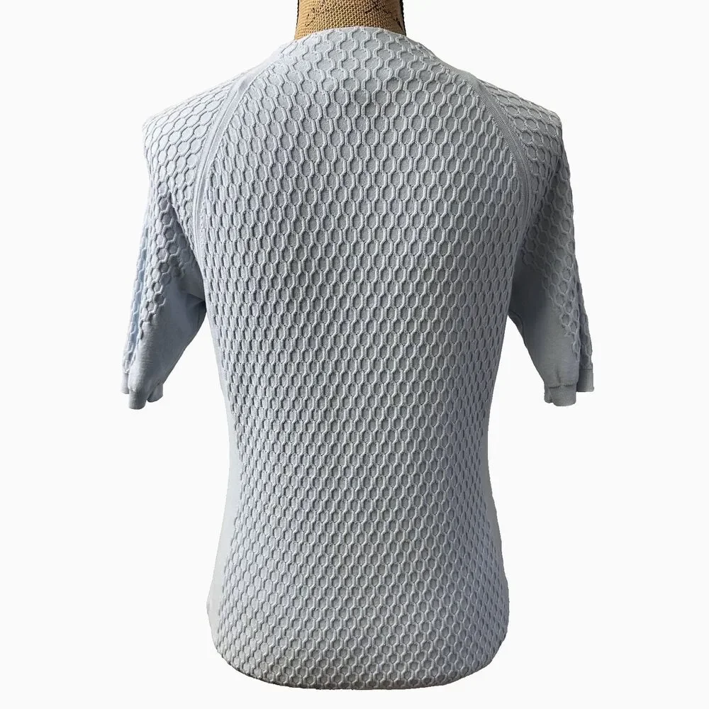 Per Se Women Light Blue Cotton Blend Textured Knit Short Sleeve Sweater Top Sz M